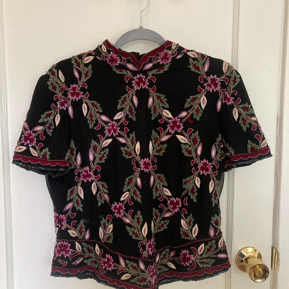 Papell Boutique Black and Pink Embellished Blouse